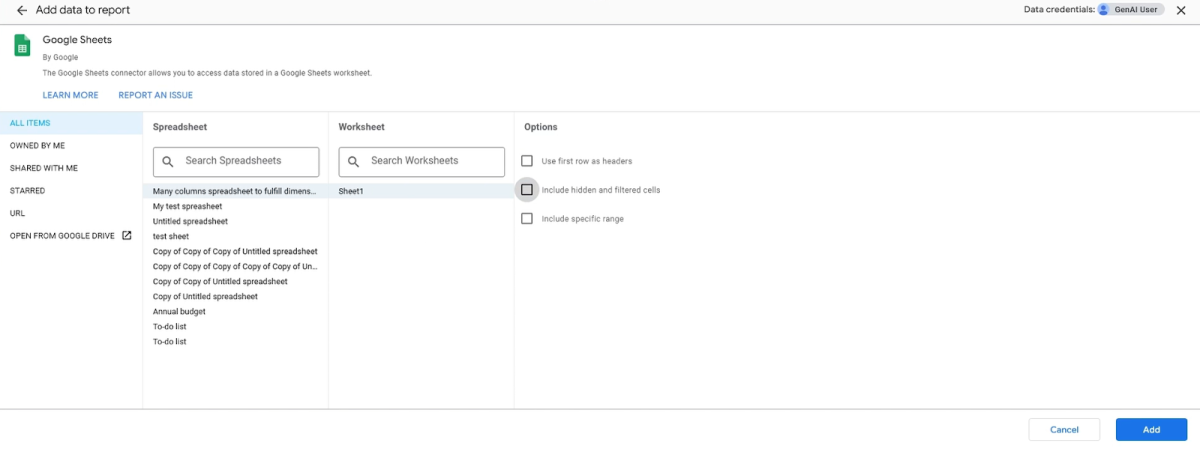 Screenshot showing the report setup
