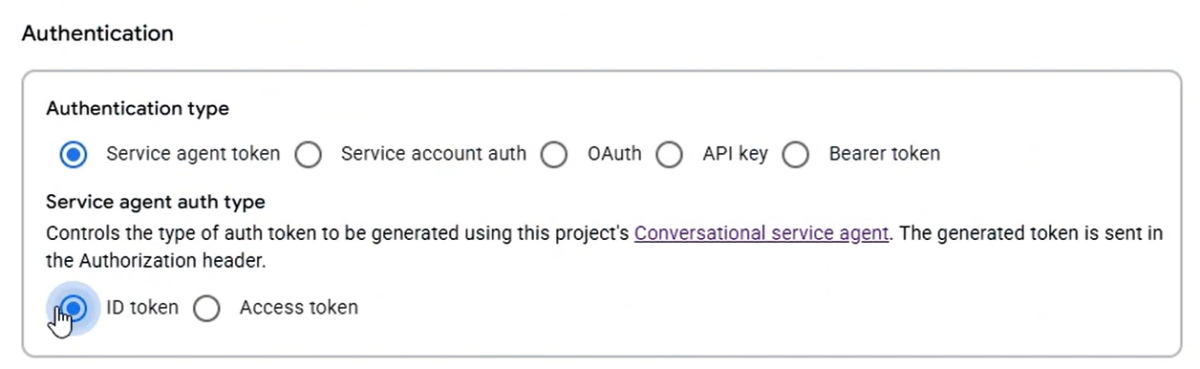 Authentication dialog with Service agent token and ID token selected